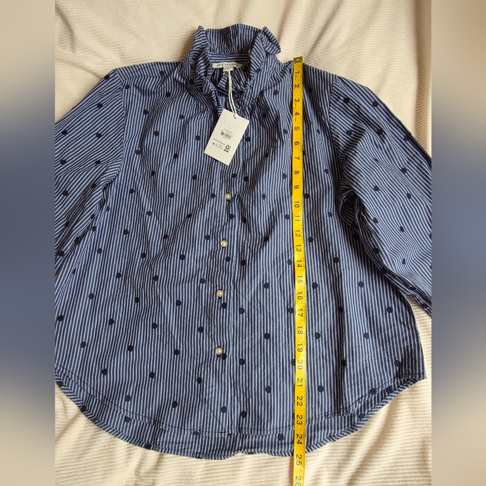 Free ASSembly Cotton Ruffled Neck Blouse Long Sleeves Strips Dots Navy Blue Nwt - Picture 5 of 6